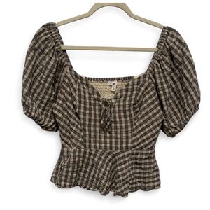BP Gray Cream Plaid Gingham Puff Sleeve Top Size Medium